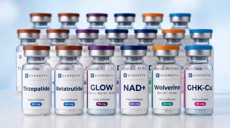 Línea de productos Evopepta: Tirzepatide, Retatrutide, GLOW, NAD+, Wolverine y GHK-Cu